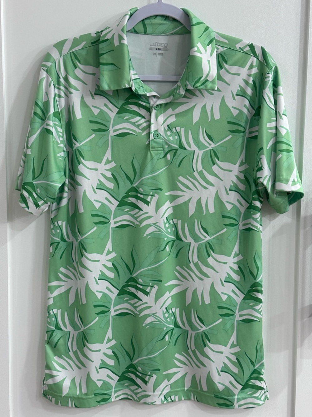 BCG Golf Men's Tropical Palm Leaf Polo Shirt Green White Size M Moisture Wicking